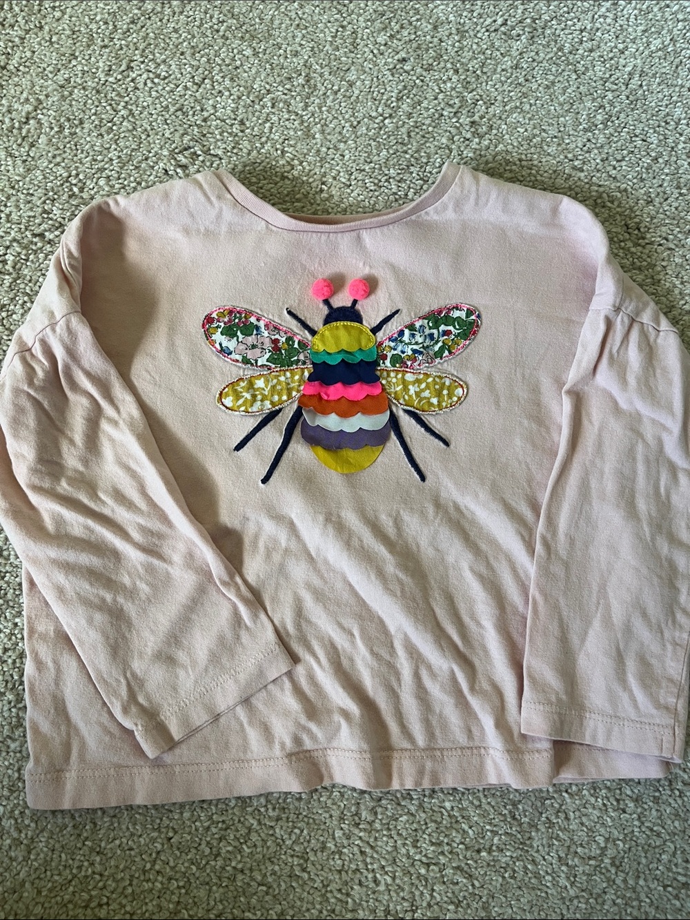 Mini Boden Light Pink Long-Sleeve Top with Colorful Bee Appliqué